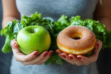 Woman on a healthy diet concept: Close-up of a female choosing green apple and vegetables over a tempting donut for better health, Generative AI