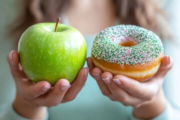 Woman on a healthy diet concept: Close-up of a female choosing green apple and vegetables over a tempting donut for better health, Generative AI