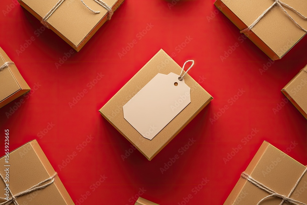 Poster cardboard boxes with a tag brown packing box with blank label and copy space on red backdrop