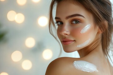 skin care routine concept: Close-up of a young woman applying lotion on her shoulder, ensuring smooth and moisturized skin, Generative AI