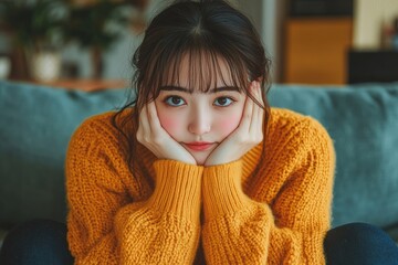Unhappy, anxious young Asian woman covering her face with a pillow on the couch in the living room, overwhelmed by stress, Generative AI