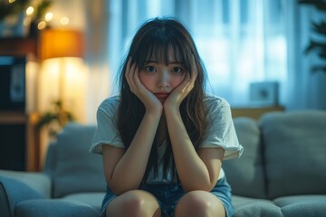 Unhappy, anxious young Asian woman covering her face with a pillow on the couch in the living room, overwhelmed by stress, Generative AI