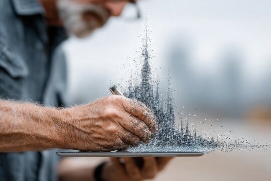 Male architect signs a smart blockchain contract on a tablet as a glowing hologram hovers above, city skyline shining behind.