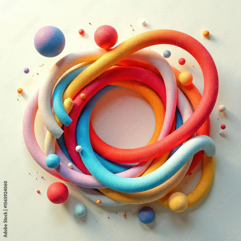 Poster abstract colorful tubes swirling around an empty center with floating spheres. vibrant and playful