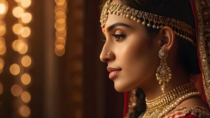 Side profile of an Indian bride wearing elaborate bridal jewelry, including a nath (nose ring with chain), pearl-draped matha patti, and choker necklace,Generative Ai
