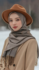 Beautiful Asian Muslim Women wearing a beige coat, brown hat, and scarf. Hijab Fashion Photoshoot concept