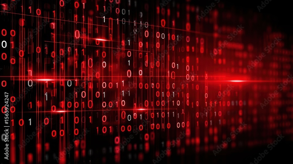 Poster data leak, spyware. digital binary code streams in red against a dark background, symbolizing techno