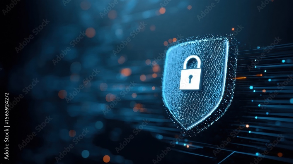 Poster data leak, spyware. digital shield with a padlock, symbolizing cybersecurity and protection in a tec