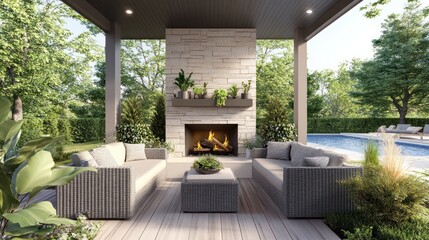 A modern outdoor patio space features a stone fireplace, wicker furniture, and a view of a lush backyard with a pool