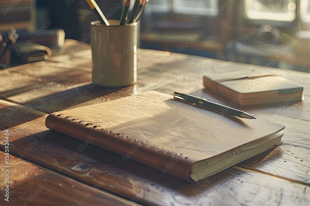 Poster Ultra Quality Picture of a Notebook with a Pen on it Sits on a Table with Other Items