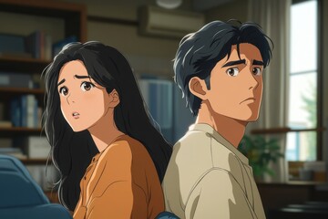 Family problem concept: Asian wife and husband sitting back to back in the living room, dealing with relationship issues and an argument, Generative AI