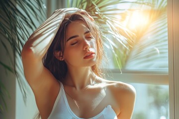 Heatwave concept: A woman feeling the intense heat at home, struggling with the summer heat wave, Generative AI