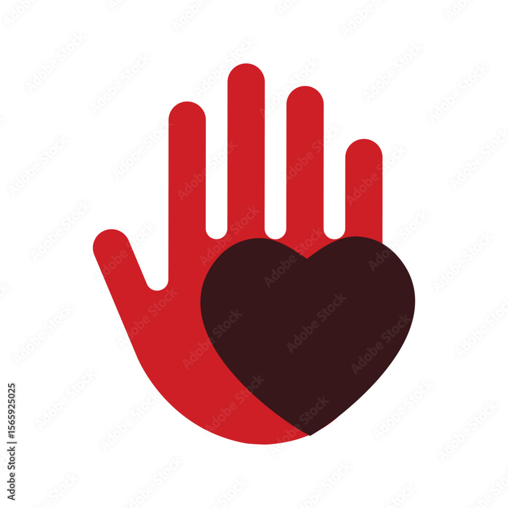 Poster the image shows a flat logo design that depicts a hand with a heart on it in red color that looks cl