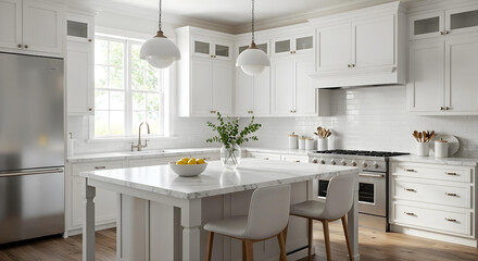 Bright American-style kitchen with white cabinets and marble countertops
