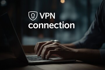 Person using laptop with VPN connection icon overlay, ideal for cybersecurity - related projects, online privacy themes, and digital security promotions 