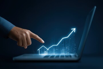 Digital - hand pointing at glowing line - graph and house icon on laptop, representing growth and real - estate or business progress. 