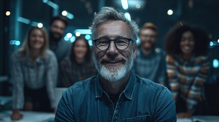 Focused team scene with mature man seated among diverse colleagues, backlit modern office, open lower third.