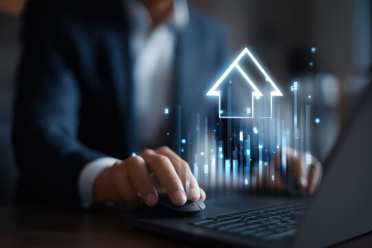 Businessperson using laptop with glowing upward - arrow graphic and digital elements, suitable for corporate presentations, marketing materials, and business - related designs