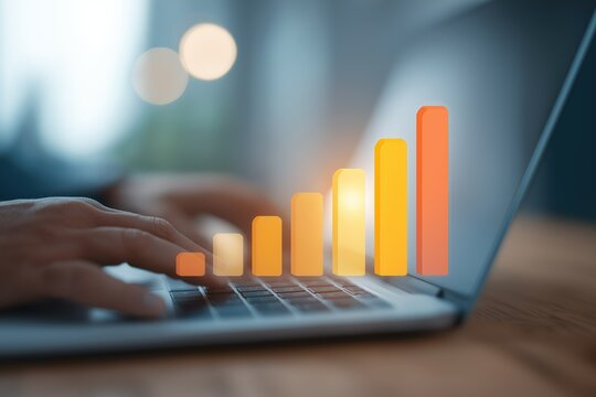 Business - related image with hands typing on laptop and upward - trending bar chart for data analysis, reporting, and presentation use, featuring modern and professional design elements 