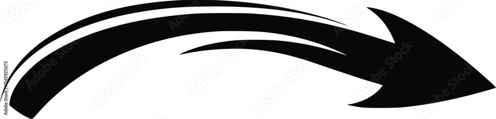 Poster dynamic curved vector arrow; black, bold, directional design element.