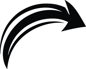 Dynamic curved vector arrow; bold, black, graphic design element.
