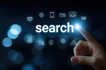 Digital illustration of hand touching "search" word with various icons floating around on dark - blue background. Ideal for tech - related, online search and digital media projects, with clean and mod