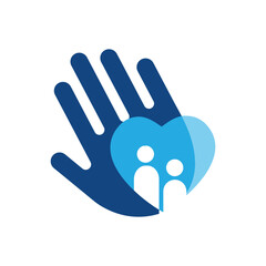 The image shows a flat logo design that depicts a hand with a heart on it with two abstract persons in blue color combination that looks clean on a white background
