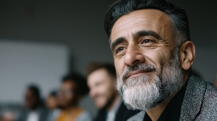 Mature man listening quietly in lively team meeting, side lighting, minimal background distractions.