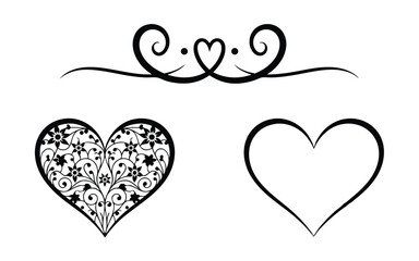 Black and White Hearts Illustration with Floral Pattern and Decorative Swirls Element