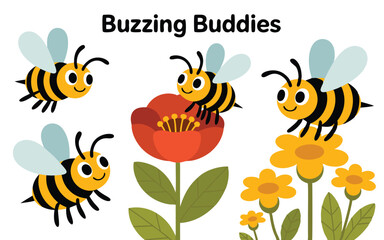 Cartoon Bees with Stripes and Wings Visiting Colorful Flowers in a Flat Design