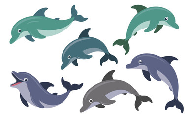 Naklejka premium Cartoon Dolphins in Varying Shades of Blue and Green on a White Background