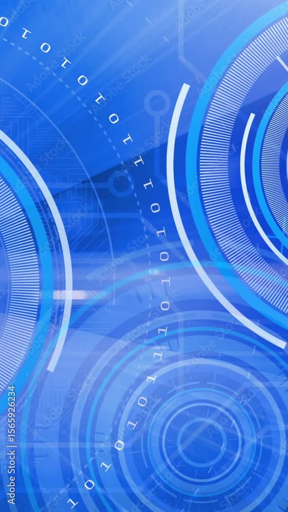 Poster animation of scopes scanning and binary coding, data processing over digital screen