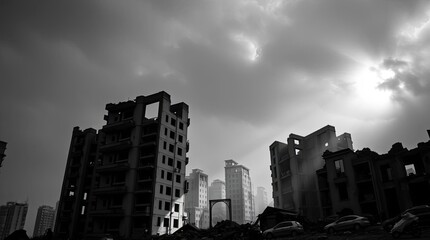 Classic black and white photograph of destroyed city buildings, timeless elegant style conveying a mystical feeling through light and shadow