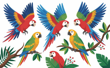 Fototapeta premium Cartoon Macaws and Parrots Flying and Perched on Branches with Tropical Leaves Illustration