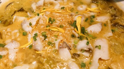 close up of Chinese Sichuan spicy and sour Boiled Fish with Pickled Cabbage