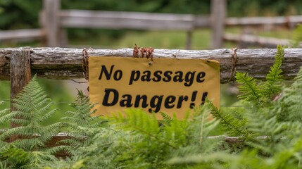 Old wooden fence with a bold warning sign reading "No passage! Danger!" blocking access to a natural area surrounded by green grass, ferns, and vegetation, symbolizing caution and restricted entry