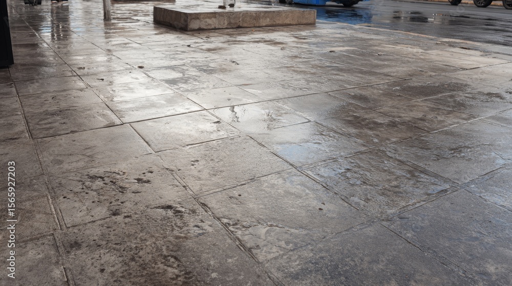 Aufkleber close-up view of wet tiled street surface with rain reflections and geometric patterns, symbolizing 