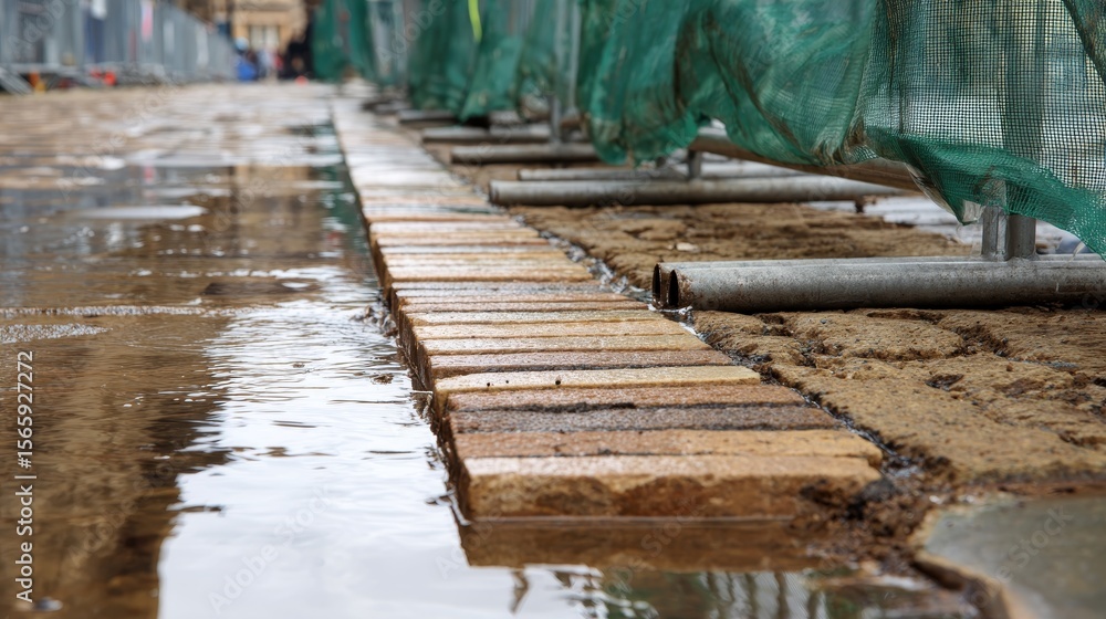 Poster close-up view of wet tiled street surface with rain reflections and geometric patterns, symbolizing 