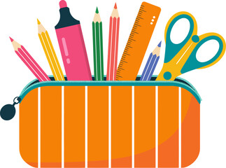 Colorful pencil case filled with school supplies for kids back to school stationery illustration
