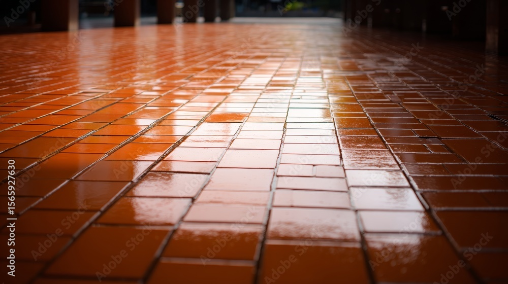 Poster close-up view of wet tiled street surface with rain reflections and geometric patterns, symbolizing 