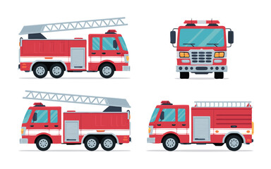 Fire Truck Illustration Side, Front, and Rear Views of Emergency Vehicle Icon Set