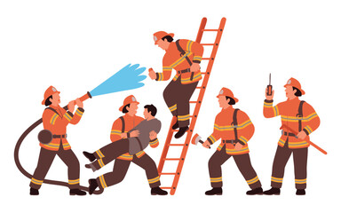 Obraz premium Firefighters in Action Rescuing Person, Using Hose, Climbing Ladder, and Communicating Teamwork