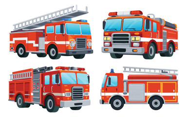 Four Stylized Red Fire Engine Trucks with Ladders on White Background Illustration