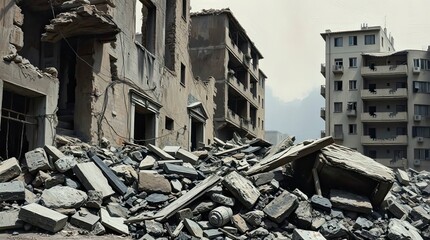 Close-up of destroyed city buildings. Rich textures, detailed focus on debris and damage.