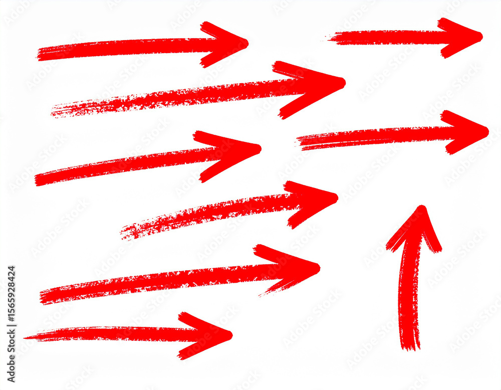 Poster red hand drawn arrows pointing in various directions with one arrow directed upwards on a clean whit