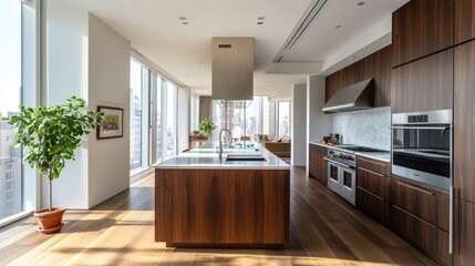 Modern kitchen with wood cabinets, island, marble backsplash, hardwood floors, and a city view