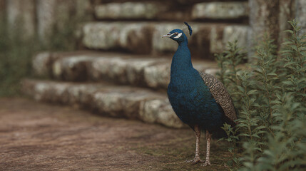 Fototapeta premium Stunning Peacock Displaying Its Vibrant Feathers in a Natural Setting Surrounded by Lush Greenery and Stone Steps for an Engaging Wildlife Experience