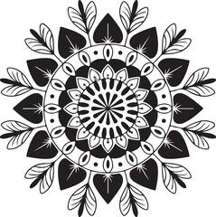 Bold floral mandala silhouette with symmetrical petal and swirl patterns in decorative black design