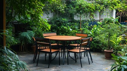Rustic cafe patio table with metal wood chairs in garden