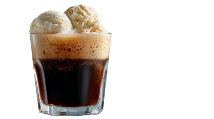 A classic root beer float with a creamy head of vanilla ice cream